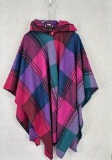 Vintage Marilyn Togs Cape Plaid Wool Blend Hooded Poncho Shawl Colorful Artsy