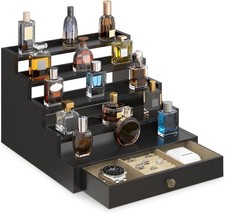 Cologne Organizer for Men,5 Tier Wooden Cologne Stand with Drawer,Hidden Compart