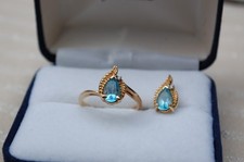 Vintage Blue Topaz and Diamond 10k Yellow Gold Set Pendant and Ring Size 6