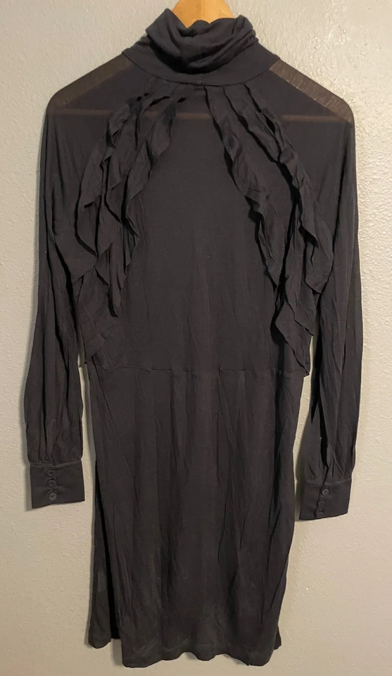 Vestido Batik Feminino Antigo Pequeno Preto Lã Babado Manga Longa Decote Simulado Boho - Imagem 2 de 4