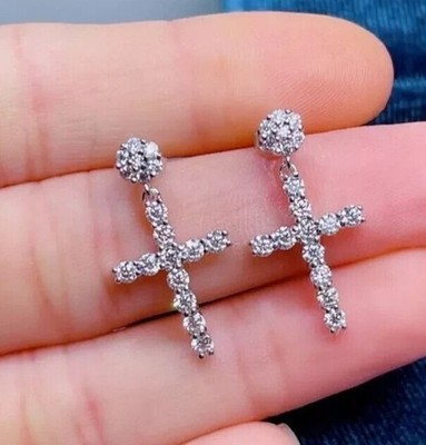 2.20Ct Round Cut Simulated Diamond Cross Drop Earrings In 14K White Gold Plated