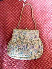 Vintage floral tapestry lined purse with green stone closure