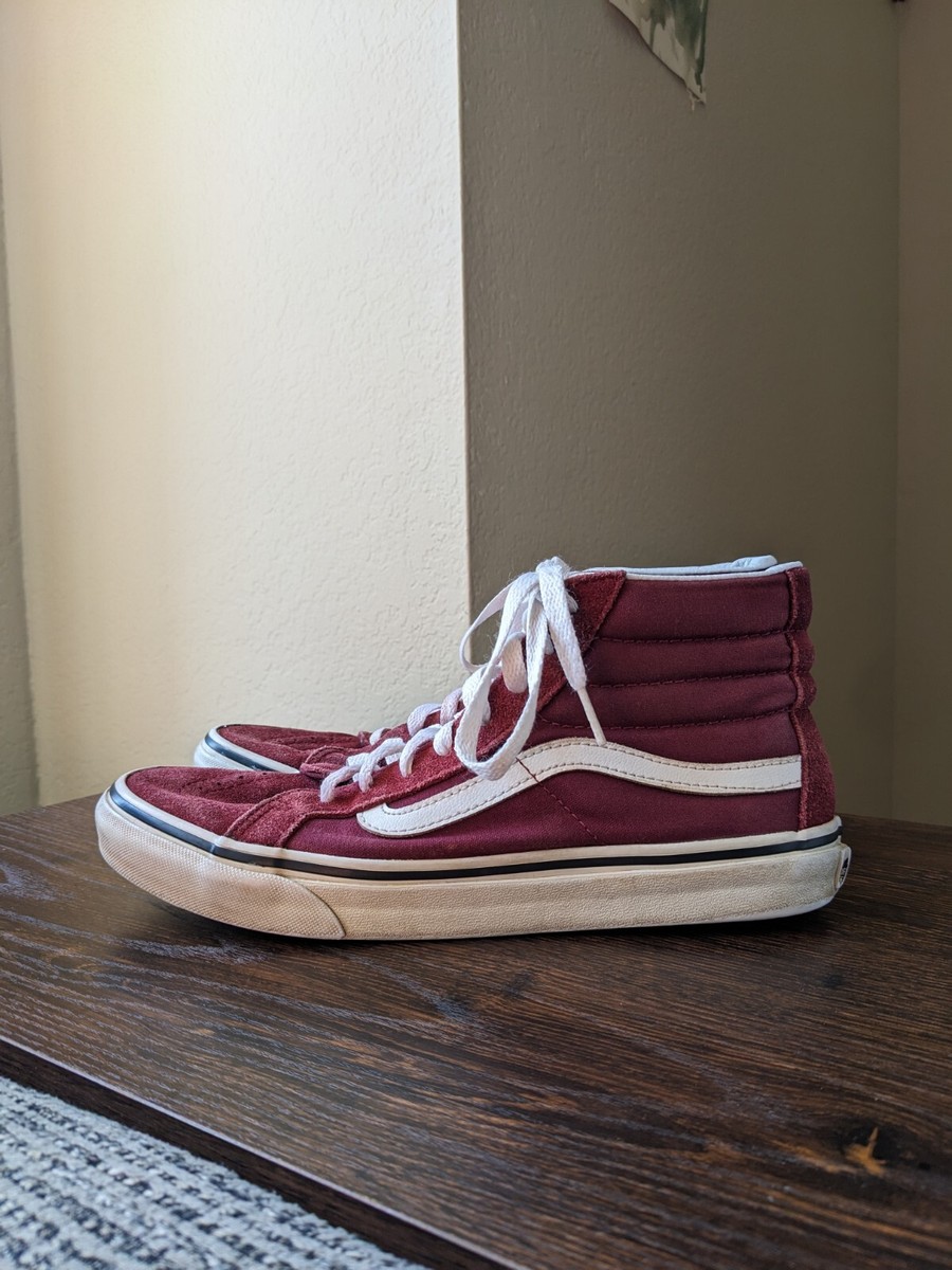 Vans Sk8-Hi Red Maroon Suede Canvas White Sneakers Shoes Women's Men's