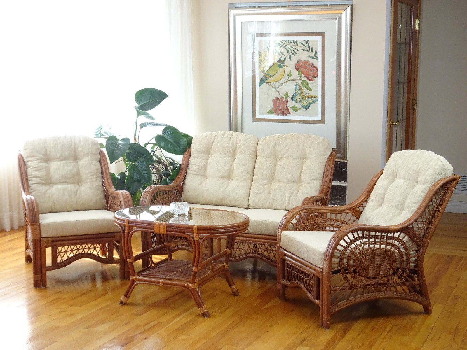 S Loveseat Coffee Table W/glass Rattan,cognac