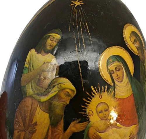 Vintage Russian Hand Painted Black Lacquer Christmas Egg Nativity READ! - Picture 5 of 12