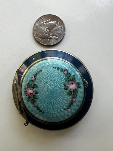 VINTAGE GUILLOCHE ENAMEL COMPACT WITH MIRROR - Picture 2 of 14