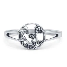 Fiddle Leaf Fern & Mushroom Oxidized Ring 925 Sterling Silver 10mm