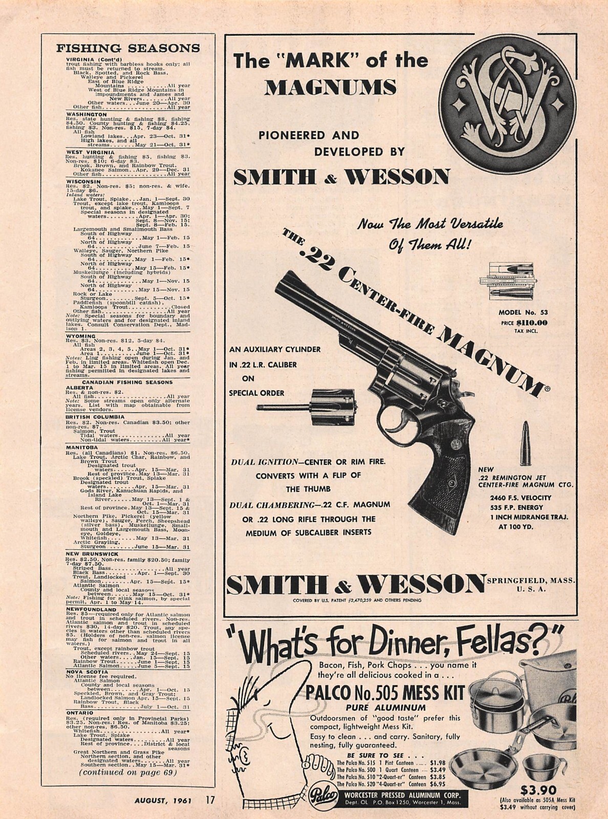 Smith & Wesson 22 Center Fire Magnum 1961 Outdoor Life Magazine Print Ad