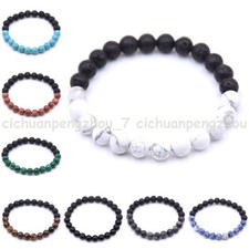 Natural 6/8/10/12mm Black Lava Stone MultiColor Gems Elastic Bracelet 7.5''