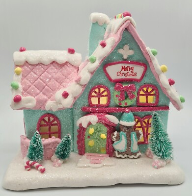 Gingerbread Pink Blue Merry Christmas House LED Light Up Clay-dough 7'' Gerson