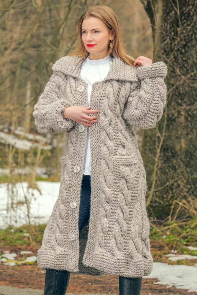 Beige wool cardigan long thick sweater hand knitted cable knit
