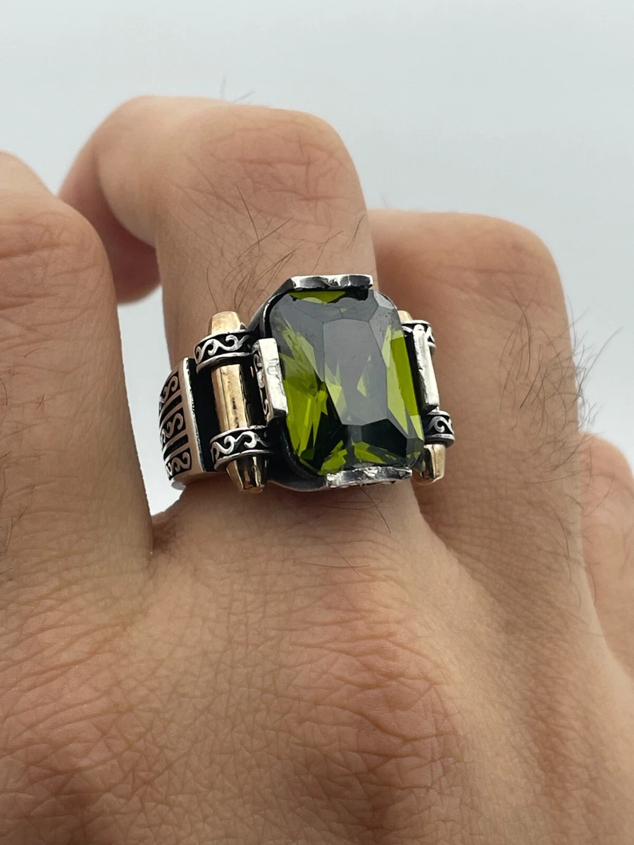 Men Fashion Design Green Peridot 925 Jewelry Silver Ring Turkish Handmade Signed