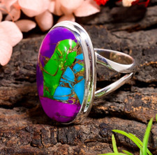 Blue Green and Purple Copper Turquoise Ring 925 Sterling Silver Statement Rings