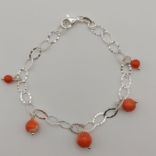Natural red coral beads bracelet, steling silver clasp