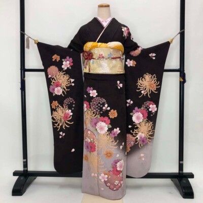 Furisode 6-piece set Japanese Kimono Brown Classic floral Free