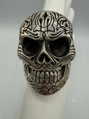 #ad HEAVY PINSTRIPE Ornate KING BABY SKULL Sterling Silver 56 Gram Size 11 Ring HSN $719.20