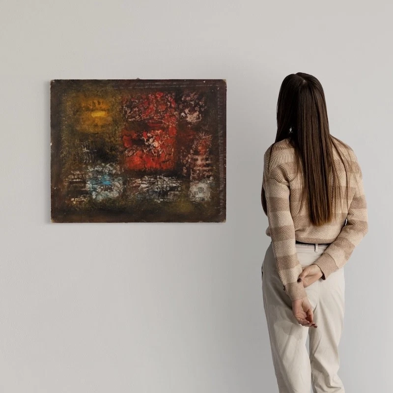 Pintura abstracta estadounidense óleo lienzo cuadro firmado J. Wolff siglo XX.