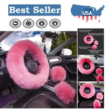Luxury Fluffy Wool Steering Wheel Cover Set For Women Girls - Pink 15 Inch Luxury Fluffy Wool Steering Wheel Cover Set For Women Girls - Pink 15 Inch
