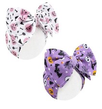 2pc Halloween Bow Headbands Girls Purple White Pumpkin Bat Skull Hair Bows New