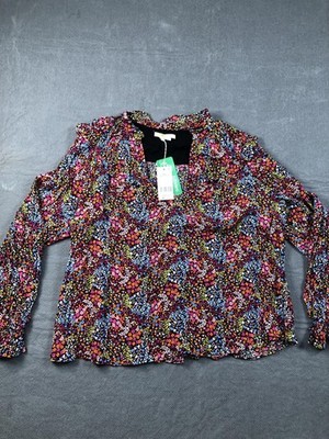 Boden Blouse Womens 14 Multicolor V Neck Long Puff Sleeve Floral Ruffle Top NWT