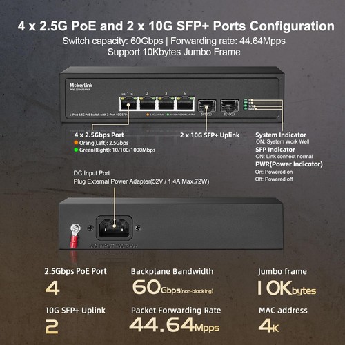 4 Port 2.5G PoE Switch with 2 Port 10G SFP+ Slot, 4 x 2.5G Base-T Ports Compa... - Picture 4 of 8