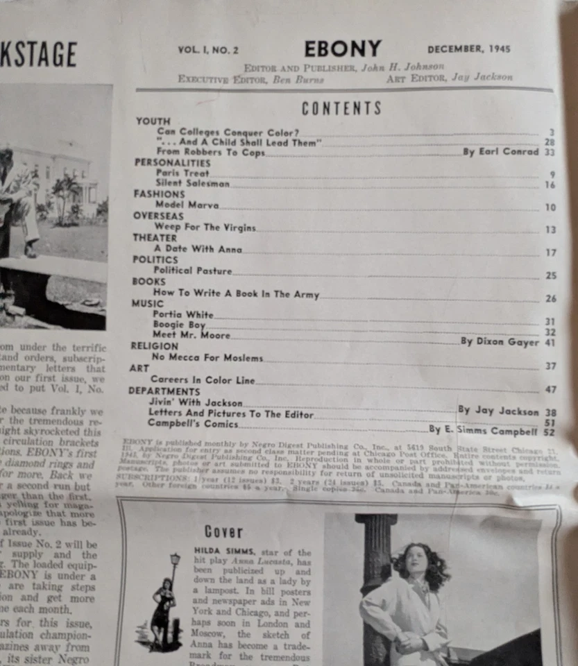 December 1945 Ebony Magazine Historic Second Issue Vol 1 No 2 Hilda Simms - Image 3 of 4