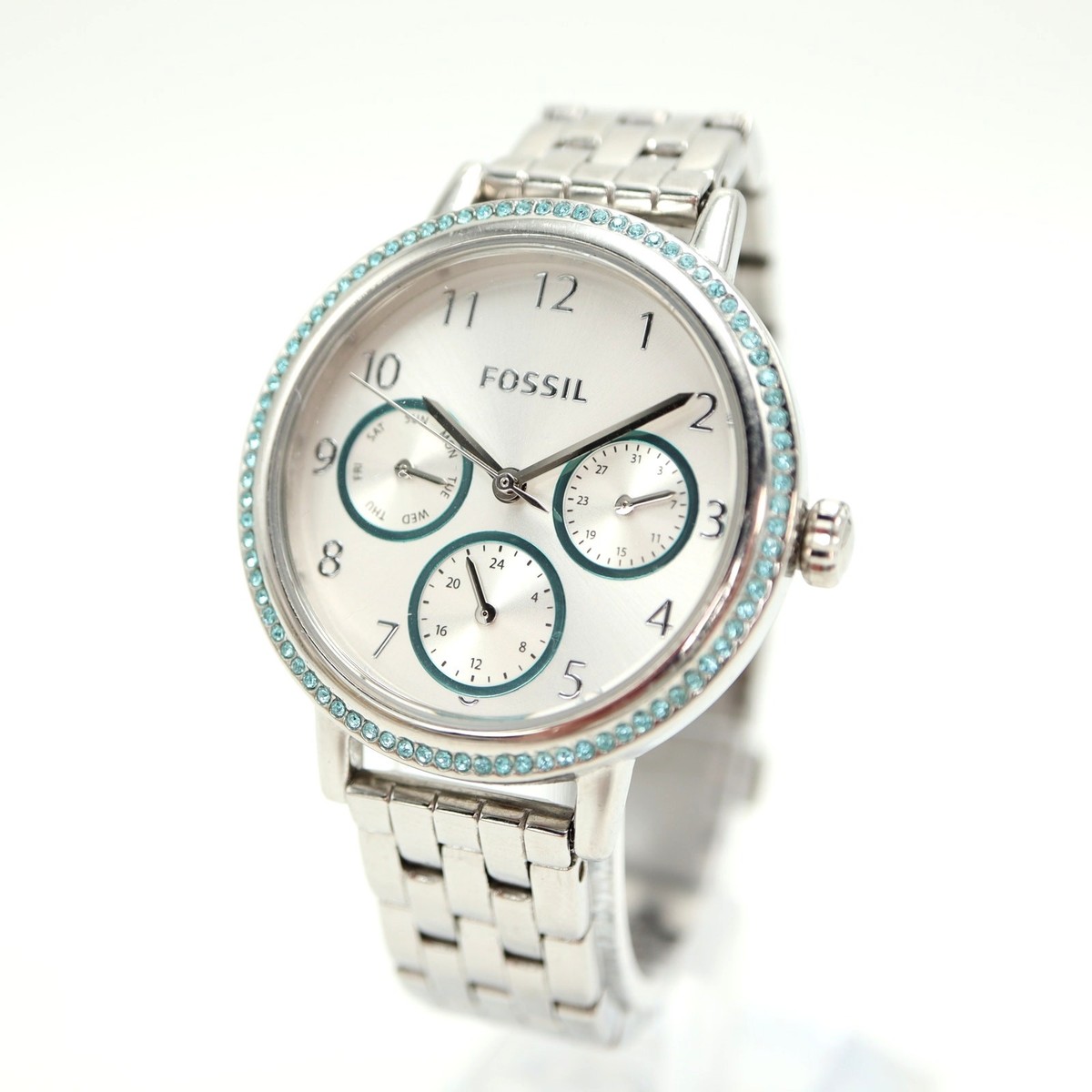 Fossil Multi Function Silver Tone Stainless Steel Turquoise 