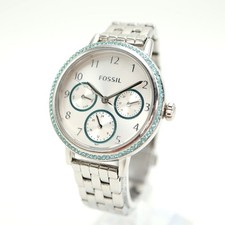 Fossil Reid Silver Blue Tone 34mm Day Date Watch BQ3711 Steel 5.5" Bracelet