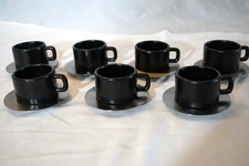 SERGIO ASTI ICM ITALY 7 SETS /BLACK ESPRESSO CUPS & STAINLESS SAUCERS MODERNIST