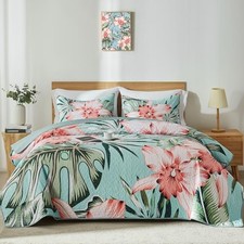 Queen Quilt Bedding Set,Green Pink Full/Queen 90"x96" Sky Blue Botanical