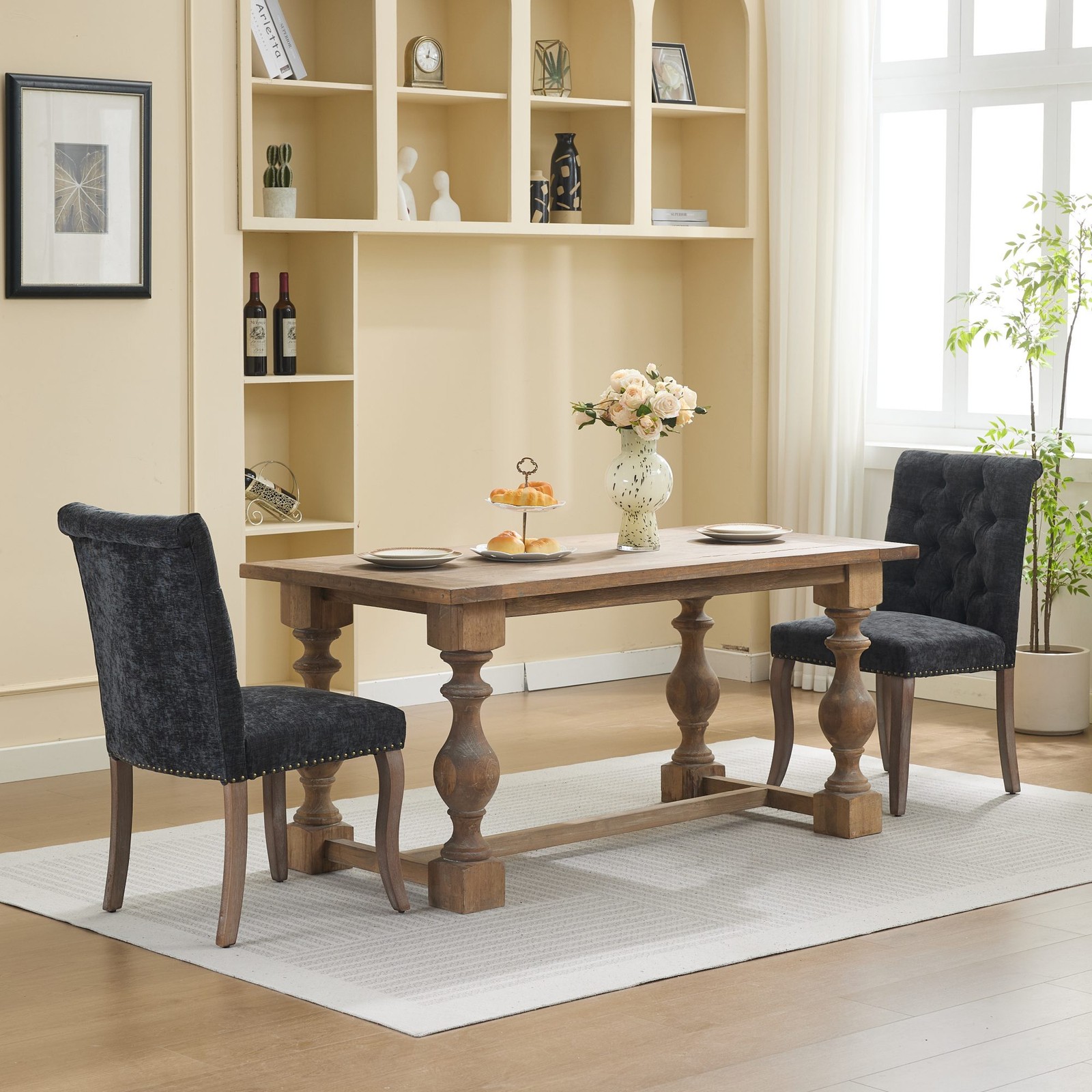2 Set Upholstered Chenille Fabric Dining Chairs W/ Curved Rubber Wood Legs Black