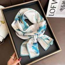 Women Double Side 100%  Silk Long Scarf White Blue Lotus Neckerchief 150*15cm