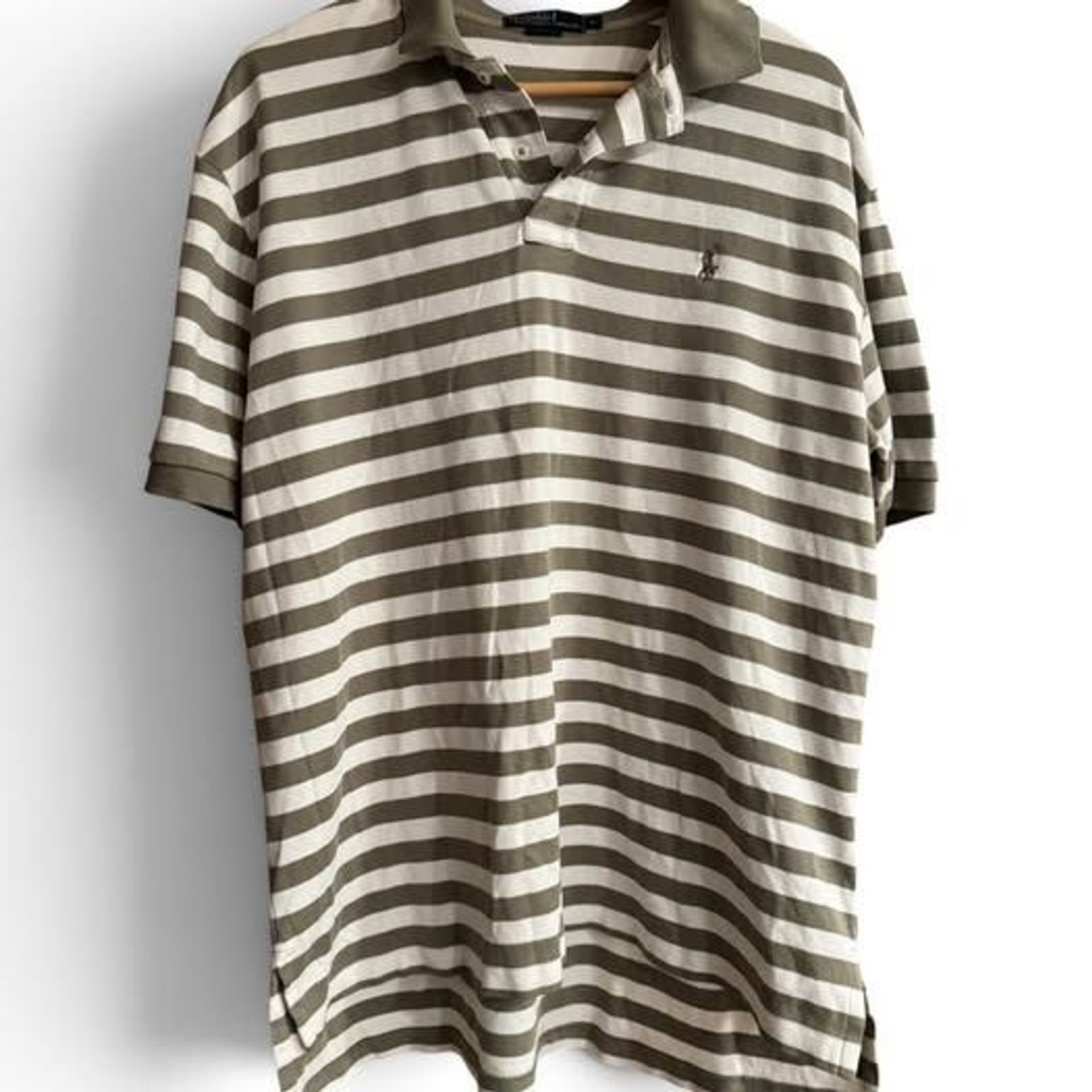 Vintage 90s Polo Ralph Lauren Striped Polo Shirt Large Made in HK Olive Green