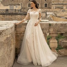 Elegant O-neck Wedding Dresses Lace 3/4 Sleeves Appliques A Line Bridal Gowns 