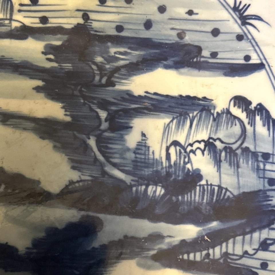 "Antiguo cuenco chino 15""x5"" de colección azul y blanco dinastía Ming similar dragón trasero" Foto 4 de 4