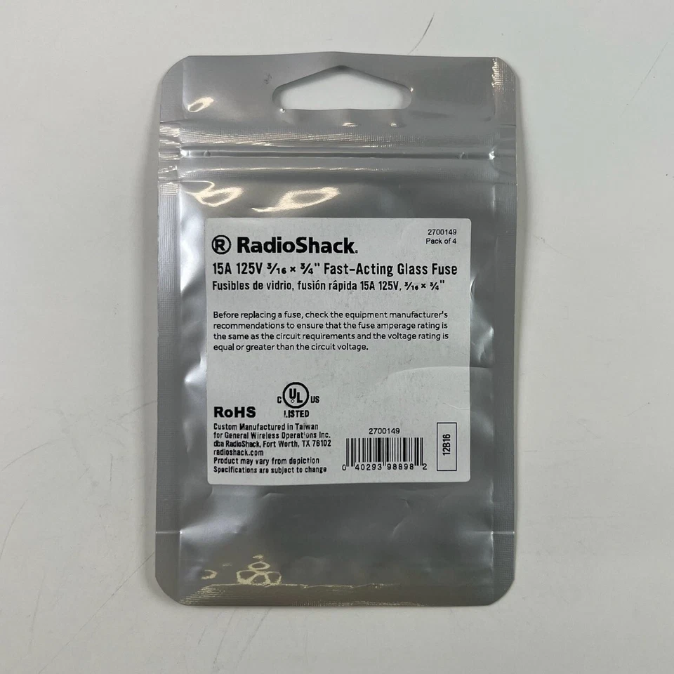 RadioShack 2700149 15A 125V 3/16x3/4» быстродействующий стеклянный предохранитель (упаковка из 4) новый - Изображение 2 из 2