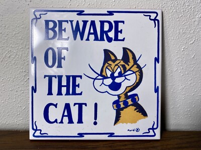 Beware of Cat Tile Trivet Art Orange Cat Purio Made In Spain TC 6 