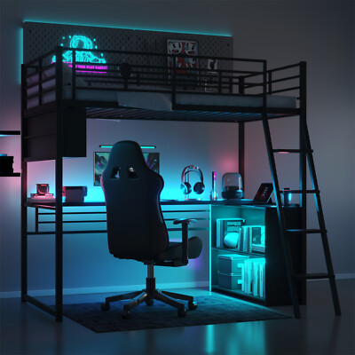 Twin Size Loft Bed Metal Bed Frame with Desk & Storage Shelves & LED Light
