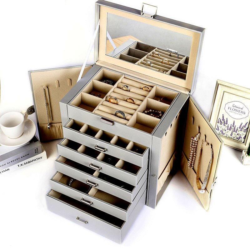 Jewelry Box Organizer Leather 6 Layer with Mirror Rectangle Multicolor Necklace