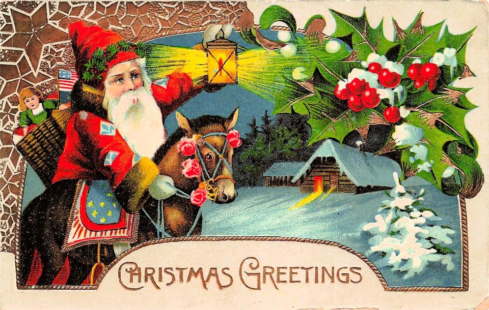 A large antique Christmas postcard featuring Santa riding a horse in full patriotic regalia — gloriously weird and visually arresting pre-1920s ephemera.