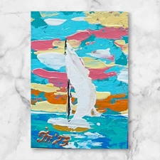 ACEO Sailboat 9 Sea Original Painting Mini Art Handmade Gift for Her OOAK