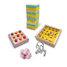 5 in 1 Puzzle Set, Metal Brain Twister, Laban Lock, Tic Tac Toe, Mini Labyrinth