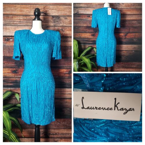 Laurence Kazar Dress Size Medium Petite Silk Handmade Beaded Sequin Blue Vintage