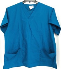 AMS Scrubs Size Large Teal Blue Medical Nurse Dental Scrub Top A7