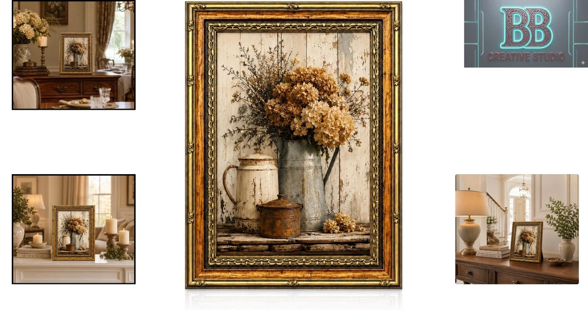 Blumen Kunstdruck - Vintage Gold gerahmt 8x10 Hortensie Leinwand für gemütliche Räume