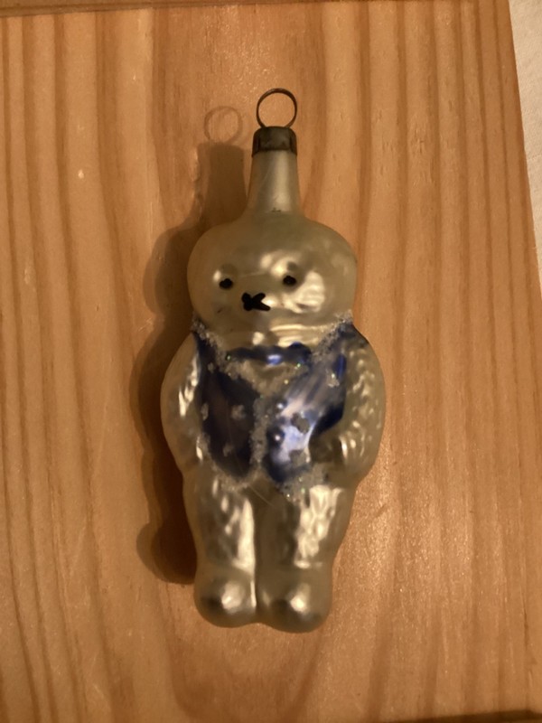 VINTAGE MERCURY GLASS TEDDY BEAR WITH BLUE CRYSTALS AND MICA PRISTINE CONDITION
