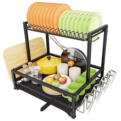 Simple Trending Dish Drying Rack, 2-Tier 11.75''D x 18''W x 16.75''H, Black 