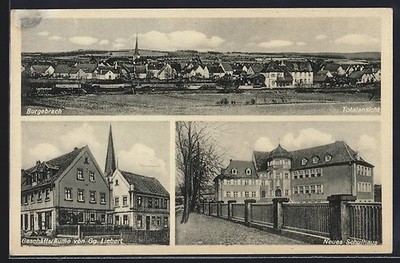 AK Burgebrach, Geschäft von Gg. Liebert, Neues Schulhaus und Totalansicht 