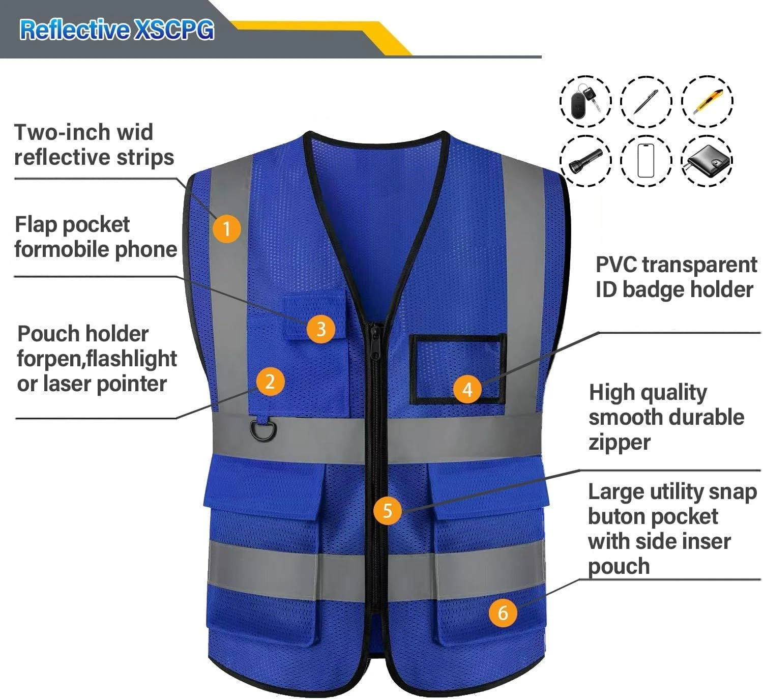 Safety Vest for Men Women, Hi Vis, Reflective, Breathable, 5 Pockets - product detail image 3