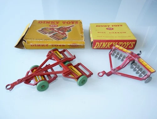 Vintage Dinky Toys - #323 & 322 Gang Mower & Disc Harrows, In Original Box